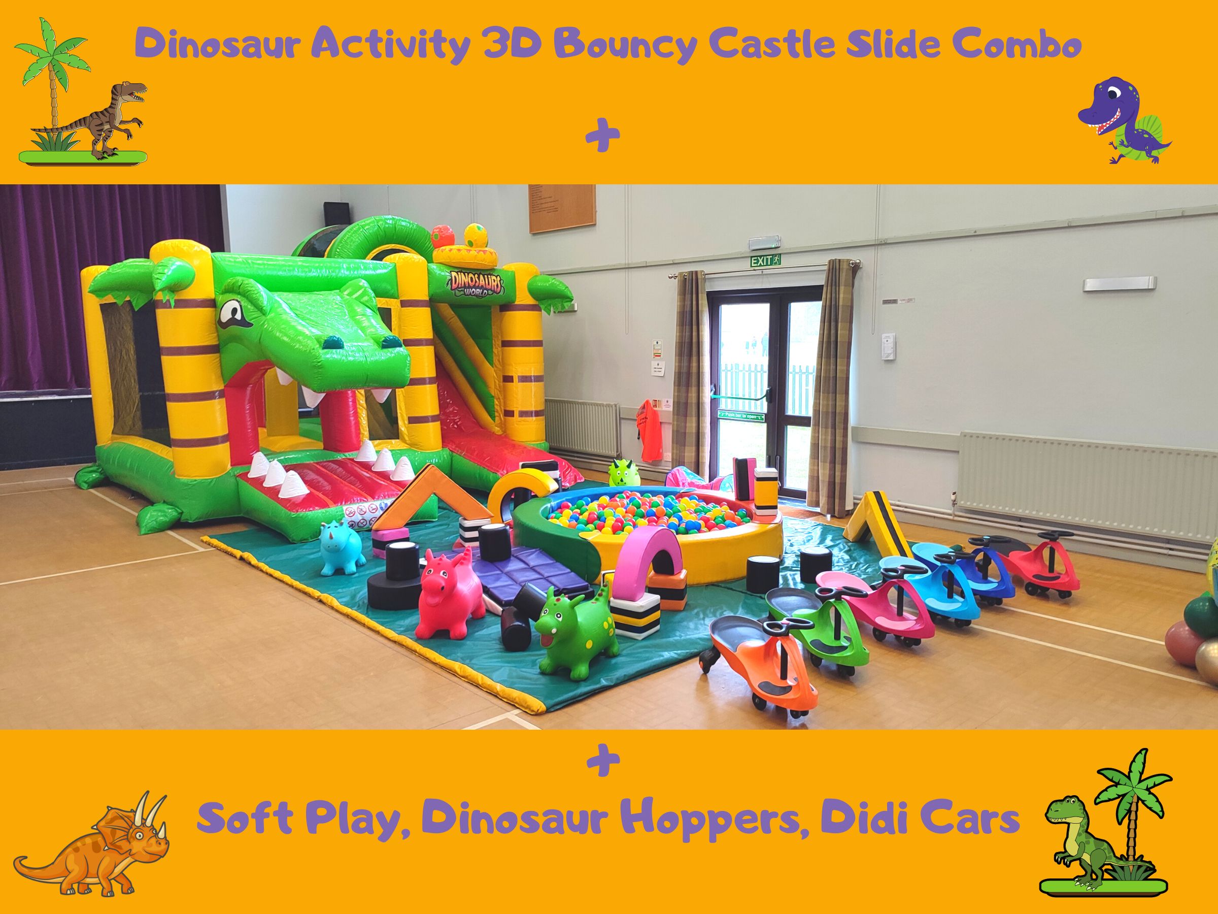 Soft Play and Ball Pool 25 + Dinosaur Activity 3D Bouncy Castle Slide Combo 16x13ft Dinosaur 3D Bouncy castle and Soft Play hire in Surrey