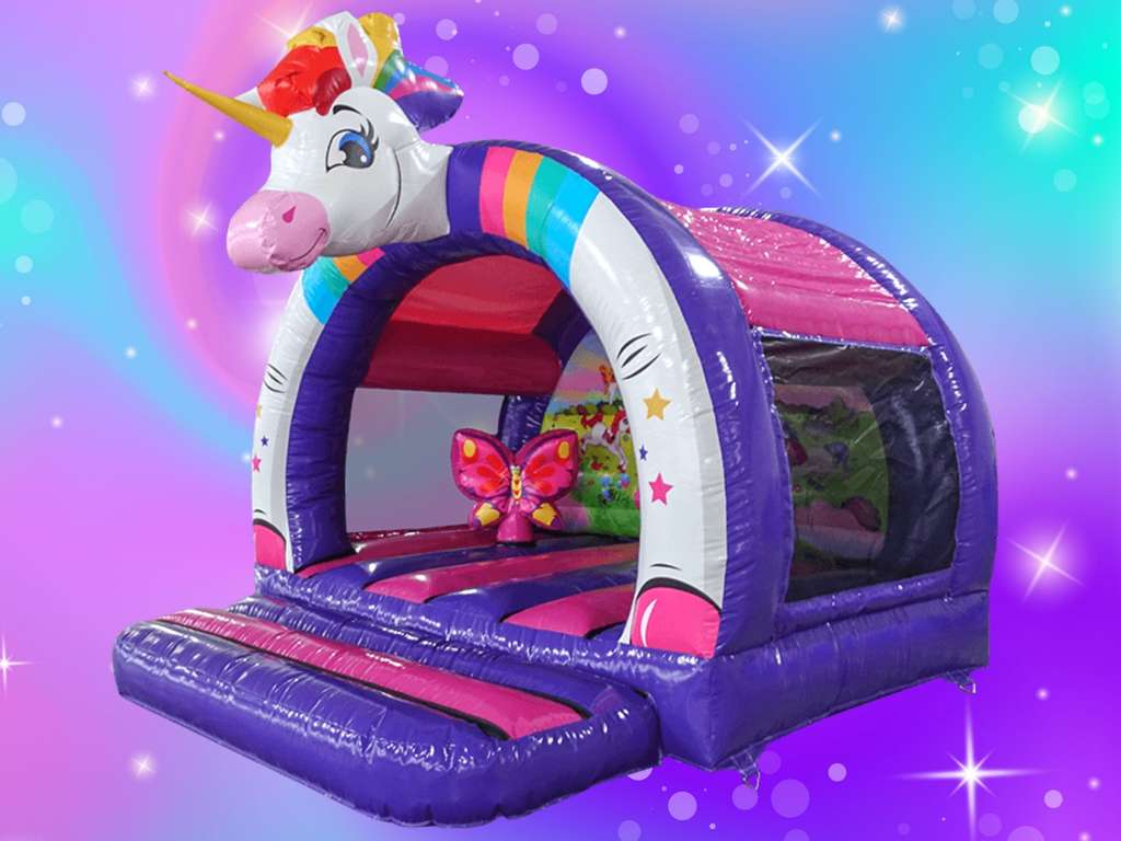 Unicorn Bouncy Castle with 3D Pop-ups 13x13ft Unicorn Bouncy Castle hire in Surrey